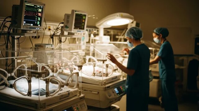Two Nurses Care for Newborns in a Neonatal Intensive Care Unit