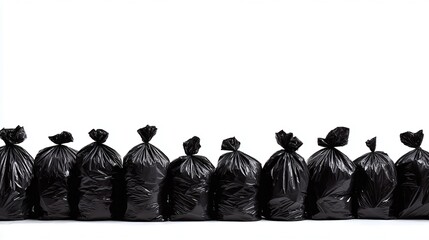 Row of black trash bags isolated on white background, conveying themes of waste, disposal, cleanliness, and environmental concerns in a studio setting.