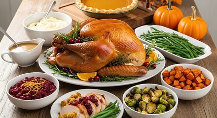 A thanksgiving feast featuring a roasted turkey pie pumpkins and various side dishes on a wooden table
