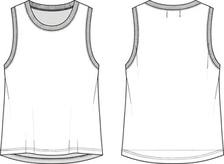 Front and back view of blank tank top template, technical fashion flat sketch, unisex sleeveless shirt design, apparel mockup illustration