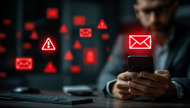 Man uses phone, receives infected emails. Concept: phishing, malware, cyber attack. For digital security marketing, editorial, web.