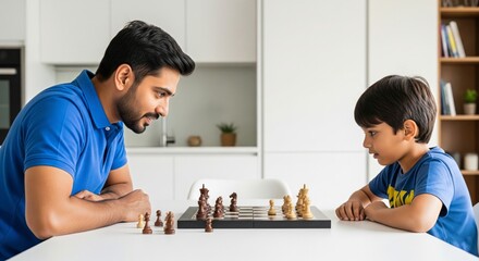 Indian father and son intensely focused on a chess match in a bright, minimalist kitchen, enjoying a strategic bonding moment together.