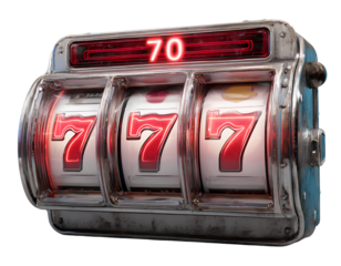 3D slot machine with a red light and three white numbers 70 transparent background PNG