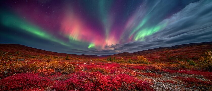 Northern lights over red autumn ground cover on Arctic tundra, cosmic contrast art for space tourism posters or polar ecology themes. - Powered by Adobe