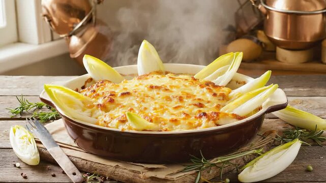 Chicon au Gratin with golden cheese crust, Belgian comfort food, warm kitchen atmosphere with inviting tones
