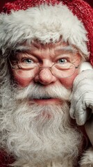 Santa Claus smiles while talking on the phone during the holiday season in a cozy setting