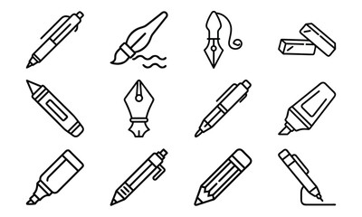 Line Art Icons of Writing and Drawing Tools Including Pens, Pencils, Markers, Paint Brushes, Fountain Pens, and Erasers for Stationery and Creative Design