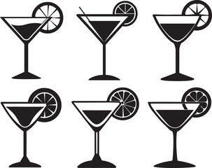 set of Coctail glass with lemon and drinking silhouette, black and white silhouette, vector and illustration