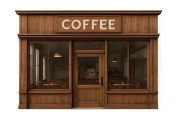 Rustic wooden storefront with expansive windows revealing warm coffee shop interior, set against transparent backdrop