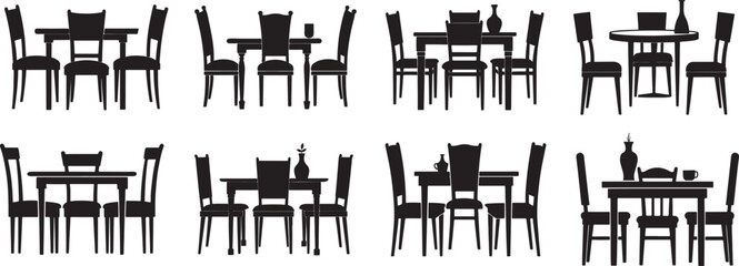 set of dining table and chairs silhouette, black and white silhouette, vector and illustration