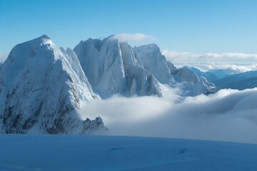 Obraz premium Majestic snowcapped mountains pierce the sky, shrouded in mist and clouds on a clear winter day