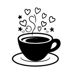 Black and white illustration of a coffee cup with hearts and stars
