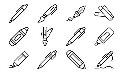 Line Art Icons of Writing and Drawing Tools Including Pens, Pencils, Markers, Paint Brushes, Fountain Pens, and Erasers for Stationery and Creative Design