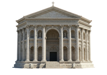 Majestic ancient building with grand columns, located in a serene outdoor setting