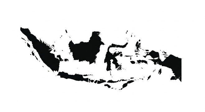 Black silhouette of the country of Indonesia, showing the archipelago's islands against a white background.