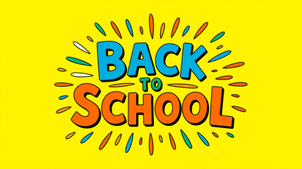 Bright, cheerful illustration with yellow background, playful hand-drawn “BACK TO SCHOOL” text, vibrant and fun