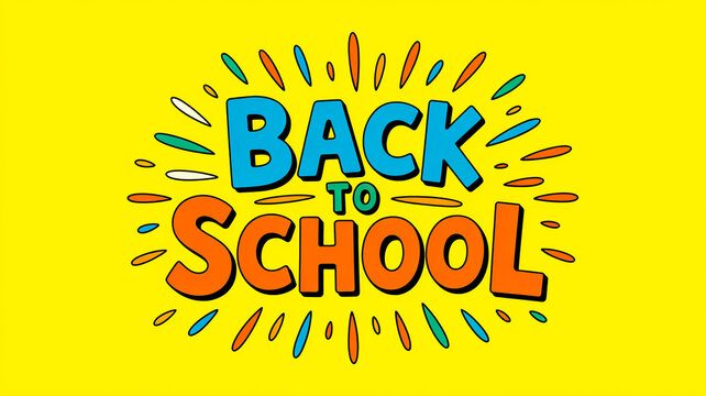 Bright, cheerful illustration with yellow background, playful hand-drawn “BACK TO SCHOOL” text, vibrant and fun