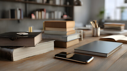 Cozy workspace with books, a tablet, and a smartphone on a wooden desk in a library setting