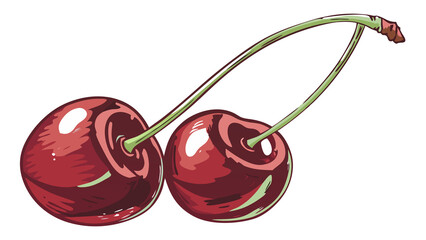 Painterly cherry pair with deep red gloss and reflective highlights, isolated on white.

