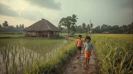 Rural children walking in lush green paddy field near traditional village house