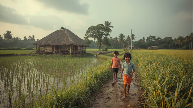 Rural children walking in lush green paddy field near traditional village house