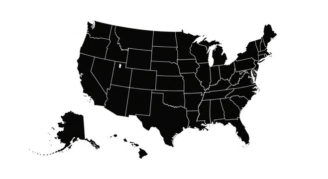 Black and white map showcasing the United States, highlighting all fifty states.