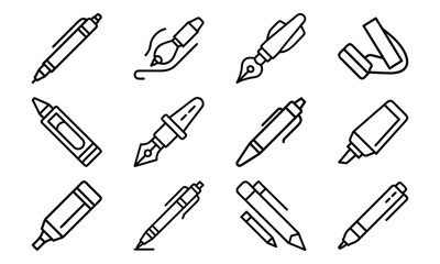 Line Art Icons of Writing and Drawing Tools Including Pens, Pencils, Markers, Paint Brushes, Fountain Pens, and Erasers for Stationery and Creative Design