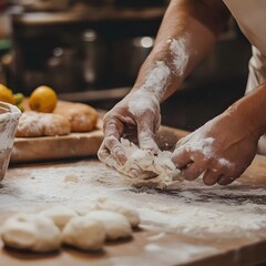 Close up of male hands kneading dough on wooden table in bakery.