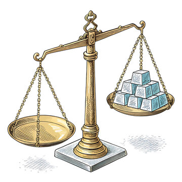 Imbalanced scale laden with sugar cubes tipping precariously towards sweetness in a stark illustration with aged paper