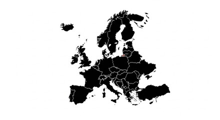 Black silhouette map of Europe with country borders outlined on a white background.