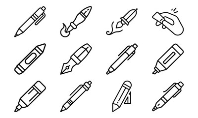 Line Art Icons of Writing and Drawing Tools Including Pens, Pencils, Markers, Paint Brushes, Fountain Pens, and Erasers for Stationery and Creative Design