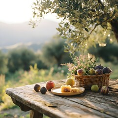 Plate with fresh fruits and honeycombs on old wooden table in olive garden.