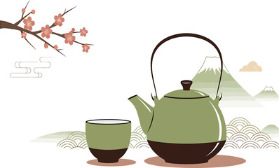 vector, illustration, japan, teapot and cup of tea