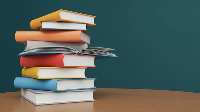 A stack of hardcover books on a wooden surface against a dark teal background.