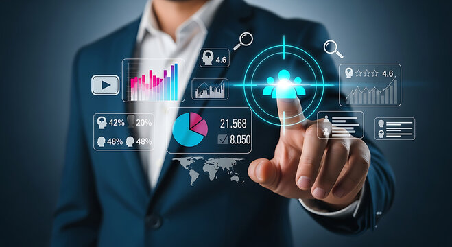 Businessman Interacting with Digital Data Visualization Interface Analyzing Charts Graphs and Global Statistics for Strategic Planning and Business