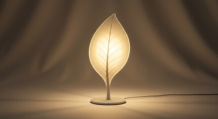 The photograph highlights innovative lighting design, showcasing a unique lamp with its delicate leaf form and warm illumination, creating a peaceful and sophisticated atmosphere.