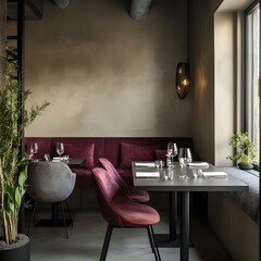 Interior of a modern cafe with a purple sofa and a table near the window.