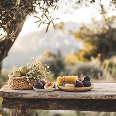 Wicker baskets with fresh fruits on wooden table in olive grove.
