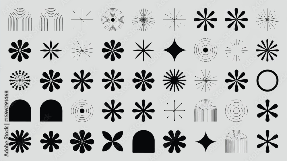 Poster a collection of black geometric shapes and patterns arranged in a grid layout against a white backgr