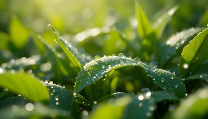Water droplets on leaves, fruit, and various surfaces.