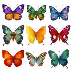 Obraz premium A vibrant assortment of colorful butterflies isolated on transparent background, each with unique wing patterns and striking color combinations
