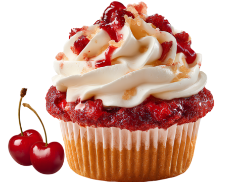  Cherry cupcake with cherry filling and cream, isolated on a transparent background PNG - Powered by Adobe