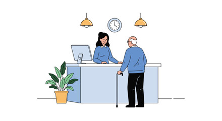 Elderly patient interacts with receptionist at healthcare facility front desk during appointment