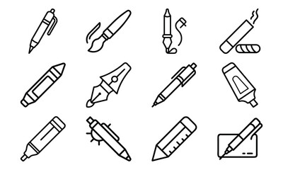 Line Art Icons of Writing and Drawing Tools Including Pens, Pencils, Markers, Paint Brushes, Fountain Pens, and Erasers for Stationery and Creative Design