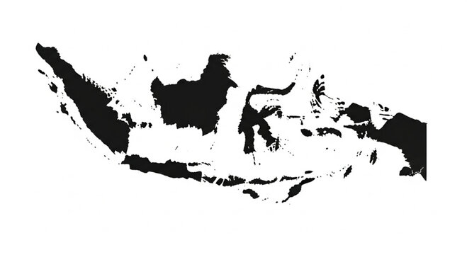 Black and white silhouette map of Indonesia showcasing its archipelago.