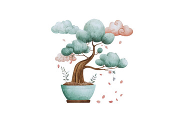 Watercolor painting of bonsai tree in a pot featuring green foliage and pink clouds with falling petals