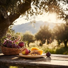 Basket of fresh fruits and honeycombs on a wooden table in garden.