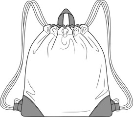 Technical flat sketch of drawstring backpack, vector illustration, front view design, casual gym bag layout, cad drawing for apparel accessories