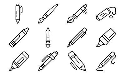 Line Art Icons of Writing and Drawing Tools Including Pens, Pencils, Markers, Paint Brushes, Fountain Pens, and Erasers for Stationery and Creative Design