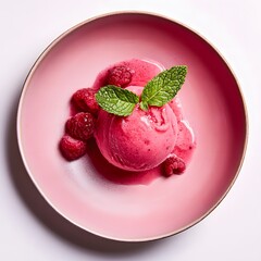 Raspberry ice cream with mint leaves on pink plate, top view.